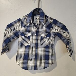 Ely Cattleman Toddler Boy 2 2T Blue Black White Plaid Shirt Western Long Sleeve